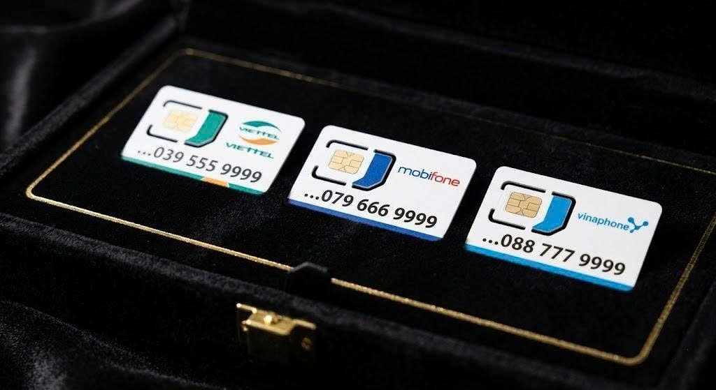  Close-up 3 chiếc SIM Viettel, MobiFone, VinaPhone đuôi 9999