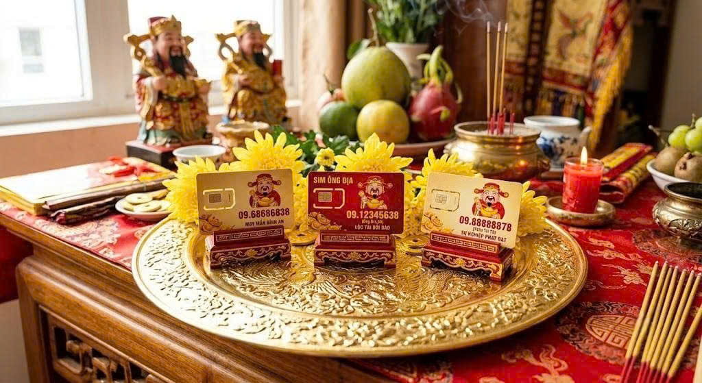 3 sim Ông Địa đẹp đặt trên mâm vàng
