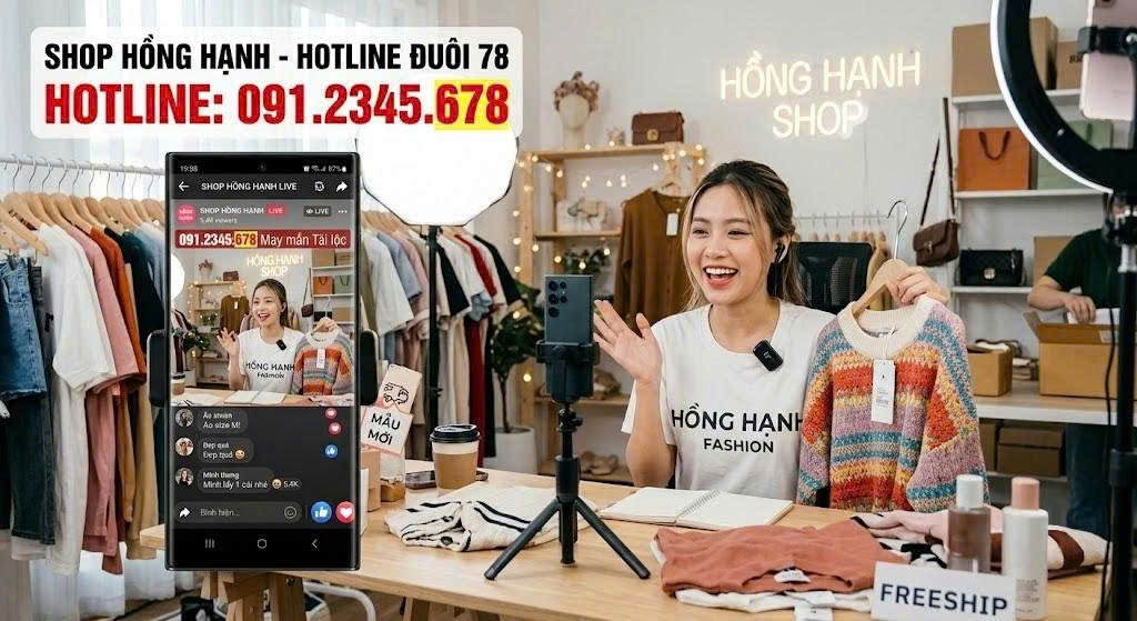 Bạn trẻ livestream bán hàng, điện thoại hiện hotline đuôi 78 