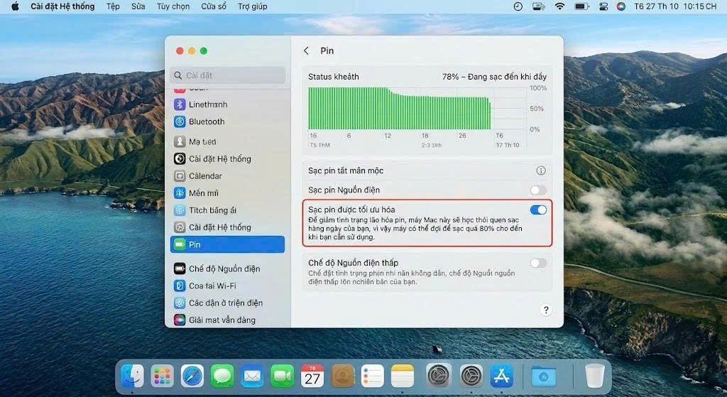 Screenshot bật Optimized Charging trên Sonoma