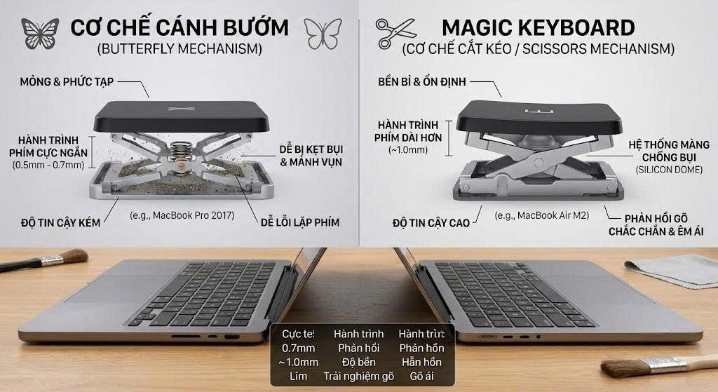 So sánh cơ chế cánh bướm và Magic Keyboard chuyên nghiệp sống động