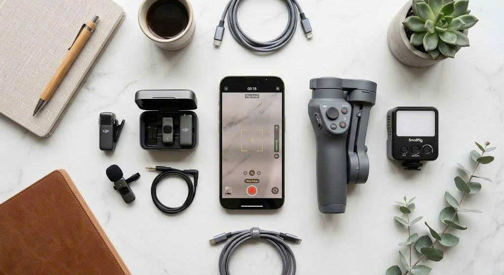 Flatlay bộ combo creator: iPhone Pro Max + tay cầm chống rung + mic cài áo + đèn mini