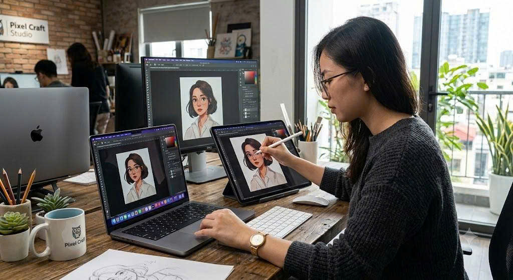 Designer vẽ bằng Apple Pencil trên iPad nhưng chạy Photoshop Mac