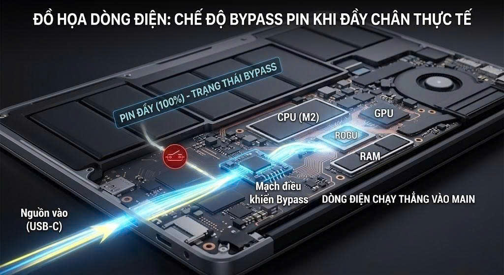 Đồ họa dòng điện chạy thẳng vào main, bypass pin khi đầy 