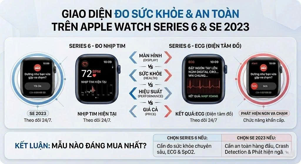 Giao diện đo nhịp tim, ECG trên Series 6 và giao diện Crash Detection trên SE 2023