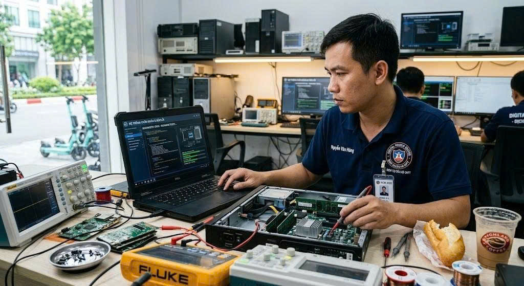 Kỹ thuật viên đang chạy diagnostic