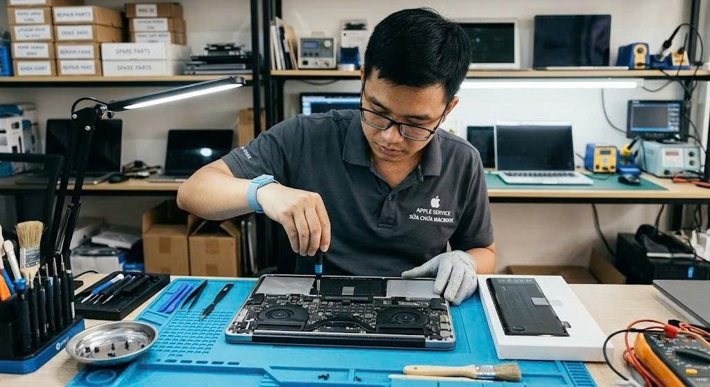 Kỹ thuật viên thay pin MacBook tại Tứ Uyên 
