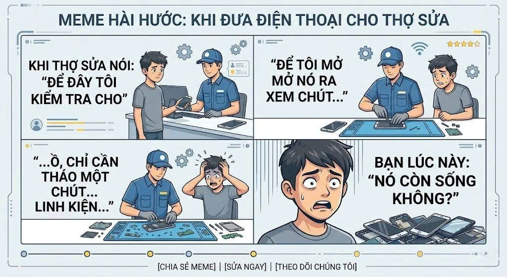 Meme hài hước nhưng là thực trạng hiện tại khi sửa điện thoại