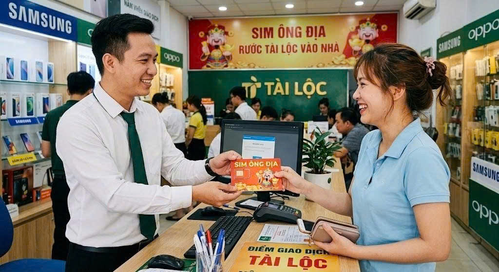 Nhân viên trao sim Ông Địa cho khách tại quầy 