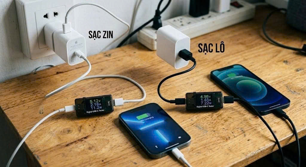 Sạc zin vs sạc lô đo dòng điện 
