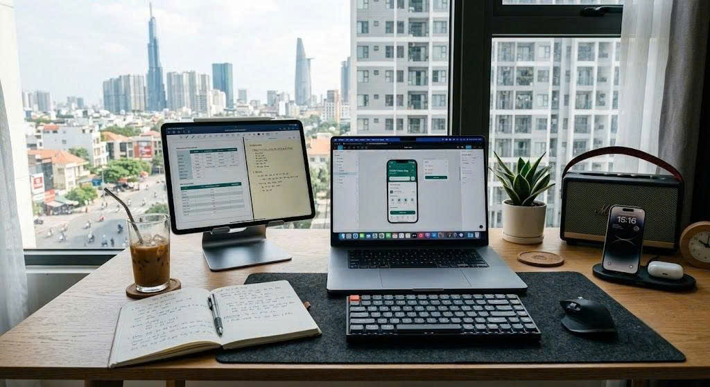 Setup MacBook Pro + iPad Pro không dây trên bàn làm việc