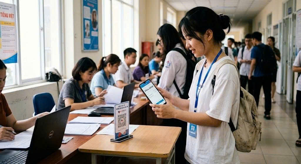 Sinh viên năm nhất quét QR đóng học phí, màn hình hiện số 09xx.6868