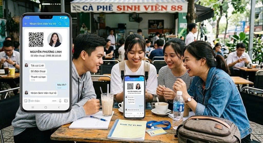 Nhóm sinh viên trao đổi Zalo, số đẹp hiện trên danh thiếp điện tử