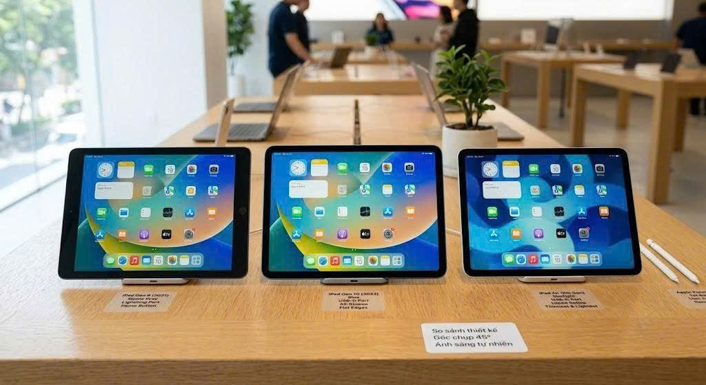 Hình chụp thực tế 3 dòng máy iPad Gen 9, Gen 10 và iPad Air