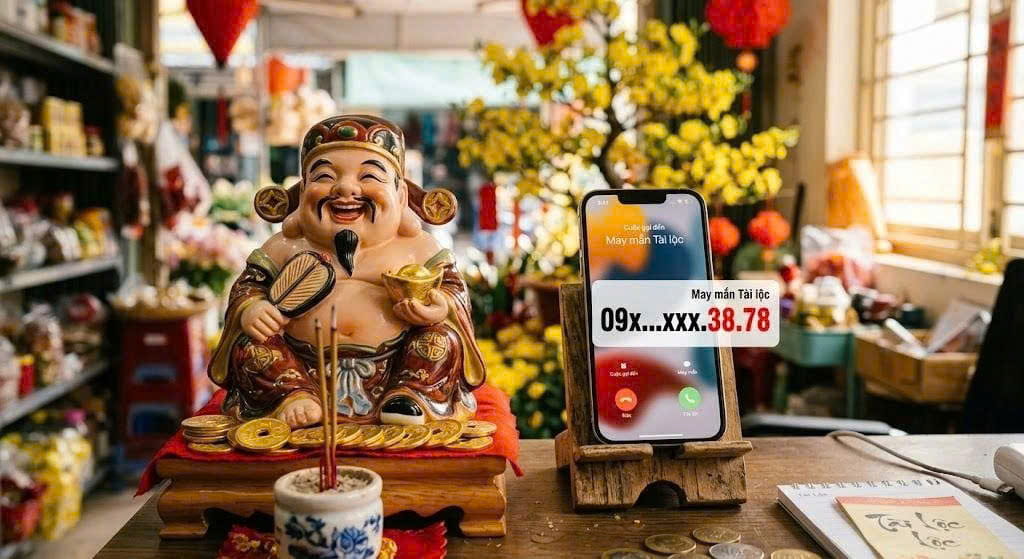 Tượng Ông Địa cười bên điện thoại hiện số đuôi 38.78